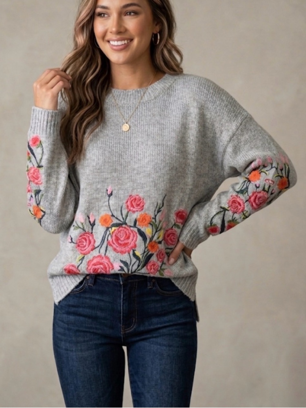 Umgee Gray Crewneck Sweater with Pink & Orange Rose Embroidery